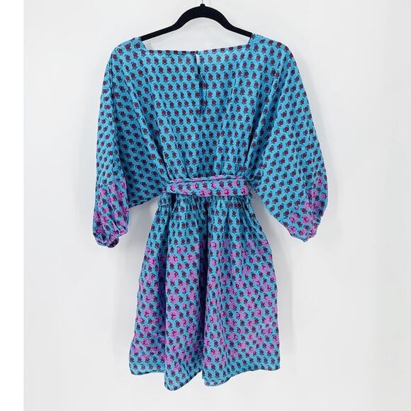 J. Crew Dolman Sleeve Mini Dress Blue Pink Cotton pockets size S festival - Picture 2 of 7